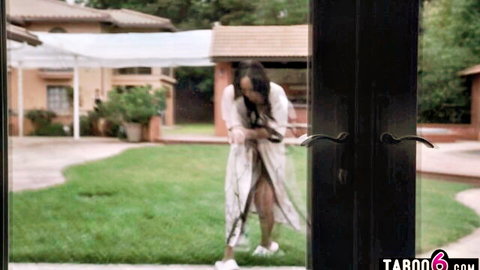 August Skye ebony MILF in sheer white robe at home doorway