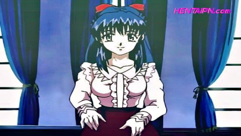 Blue-haired anime girl in frilly white blouse and skirt with red bow, elegant pose