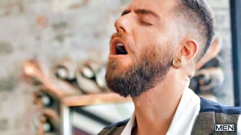 Bearded hunk Diego Reyes moaning passionately in gay sex scene with Rico Vega