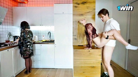 Blonde in lace lingerie bent over, fucked doggystyle by man while brunette watches
