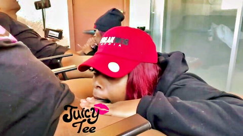 Mini Stallion deepthroating big black cock in red cap and hoodie