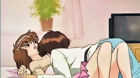 Anime teen girl in lifted skirt doggy style with partner, surprised expression