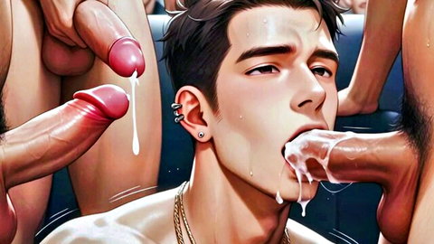 Anime twink gangbang facial cumshot with multiple cocks ejaculating on Asian lad's face
