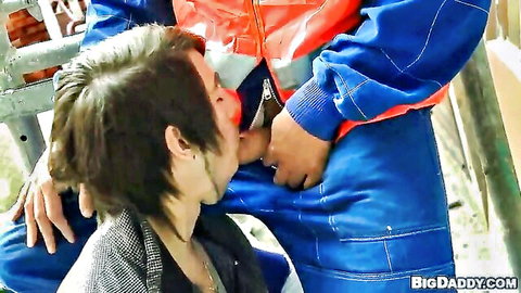 Dee X giving intense gay blowjob to unzipped blue pants hunk