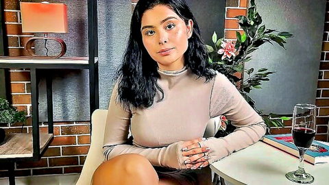 Colombian stepmom shocked in roleplay, sexy beige top, black wavy hair