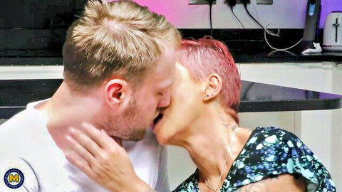 Mature pink-haired Samantha kissing passionately