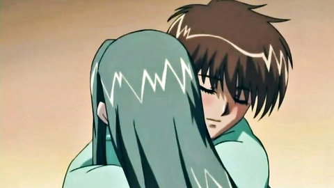 Anime teal-haired girl hugging brown-haired boy romantically from behind with closed eyes
