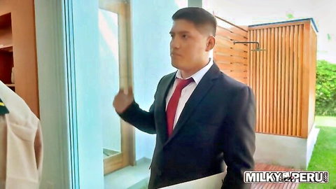 Handsome Peruvian man in suit gesturing outdoors in steamy Milky Peru scene