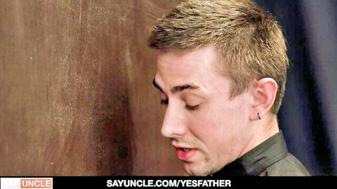 Blond twink eyes closed lips parted in ecstasy during intense gay daddy fuck