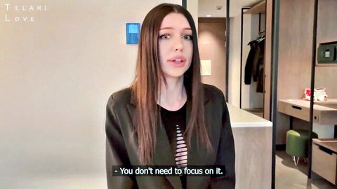 Clari Love brunette in blazer teasing about blowjob and fuck