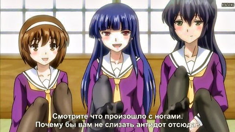 Three anime schoolgirls in uniforms teasing with crossed legs and black stockings