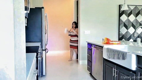 Cristal Lust in sexy striped dress, teasing in kitchen solo scene