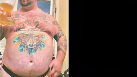 Hairy redneck daddy bear chugs beer in underwear, tattoos visible