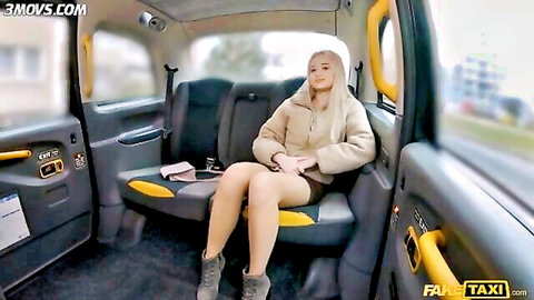 Jessie Ames in Fake Taxi, blonde in short skirt and boots sitting in cab