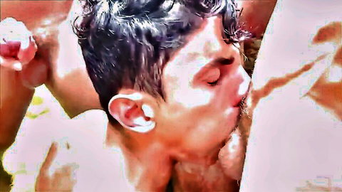 Man sucking large white breasts in steamy gangbang paradise scene