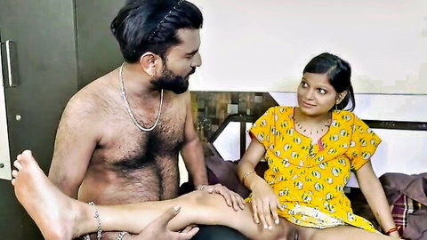 Pregnant Indian wife Aaka in yellow dress massages husband's leg intimately