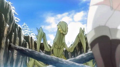 Hentai anime girl in tight shorts and stockings faces green mantis monster in snowy outdoors