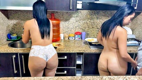 Two topless Latin MILFs cooking in kitchen with big round asses