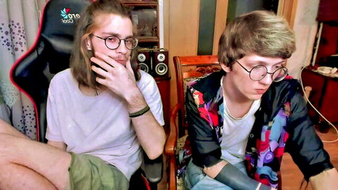 Two young guys in glasses, casual chat in gay amateur video with Vince Dice