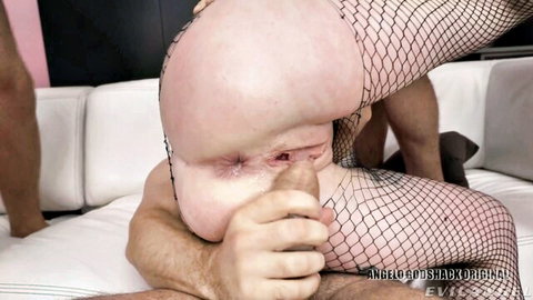 Tattooed big ass babe in fishnets gets anal fucked while deepthroating cock in gangbang