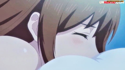 Blushing anime cousin with huge tits, eyes closed in pleasure from hentai fuck