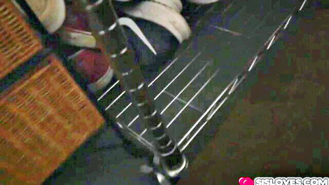 Stepsis Andi and April's feet teasing from closet rack in hot pussy licking scene