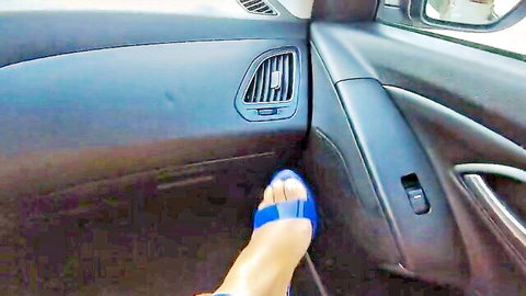 Stepmom in blue high heels teases stepson during car ride