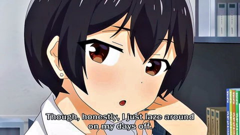 Busty hentai boss with short black hair, flushed in office shirt