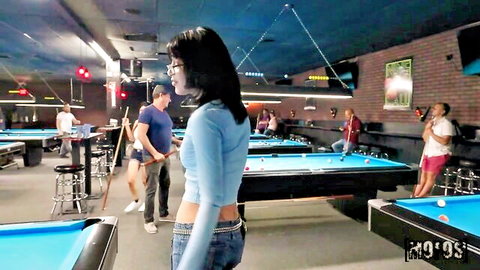 Sexy Asian spinner in crop top and jeans teases in pool hall
