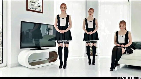 Jia Lissa in frilly black maid outfit with stockings, small tits tease