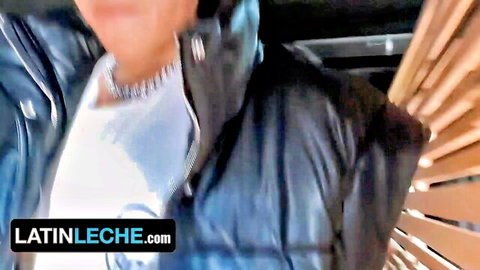 Latino swinger in leather jacket and chain necklace at Spanish bar, POV amateur tease