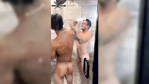 Fit Mexican and Korean men naked showering together, gay couple clip