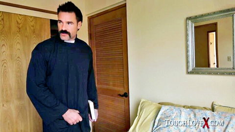 Muscular priest-like stud in bedroom setup for Ella Knox ToughLoveX scene