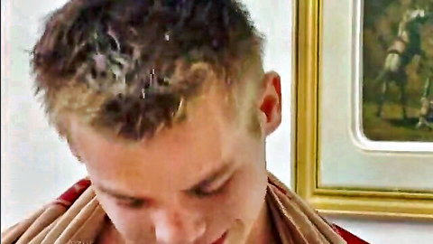 Young white guy in gym towel, intense gaze for bareback group sex scene