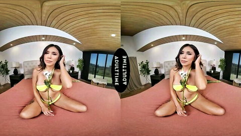 Hot Latina babe in yellow bikini posing seductively in VR porn