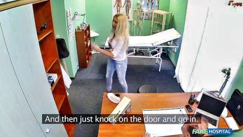 Busty blonde in doctor's office seeking medical help - Fake Hospital