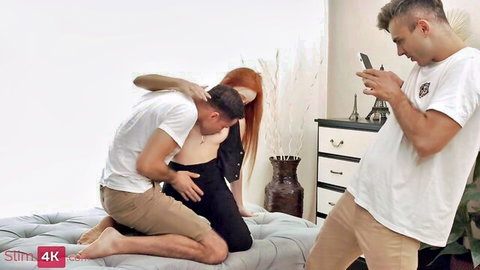 Two friends sharing redhead beauty in threesome setup with double penetration tease