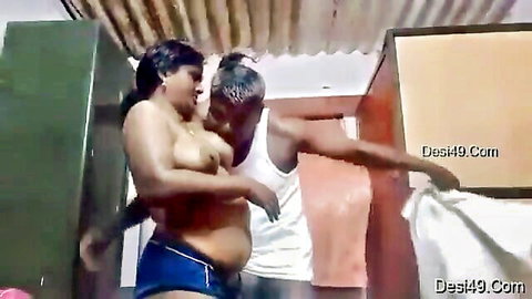 Chubby Tamil aunty topless, rubbed intimately by husband in bedroom