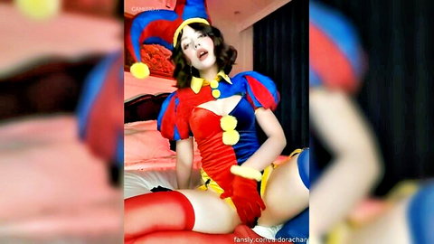 Aldorachan as sexy Pomni jester, spreading legs in revealing cosplay outfit