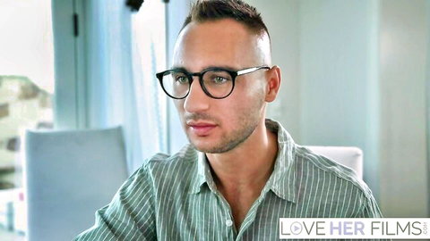 Attractive man in glasses and striped shirt for adult job interview