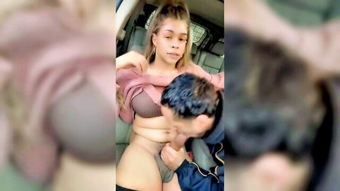Raven Babe, curvy black shemale exposing tits getting oral in car, 68 chars