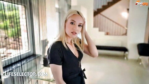 Cherry Kiss in sexy black v-neck dress, office tease from Life Selector hotties