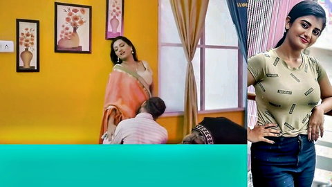 Indian beauty in saree teased by man, smiling modern girl