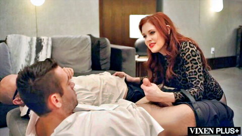 Redhead hotwife in leopard top rides husband hard as cuckold watches