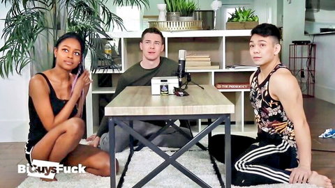 Ebony, Latino, and Filipino teens in intense threesome podcast game
