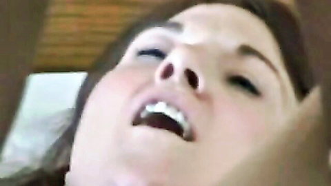POV close-up of brunette wife with open mouth during intense oral sex