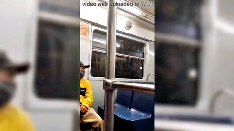 Mexican mature man in yellow jacket masturbates on public metro