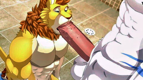 Muscular yellow lion furry kneels sucking huge red cock of ripped white furry in shower