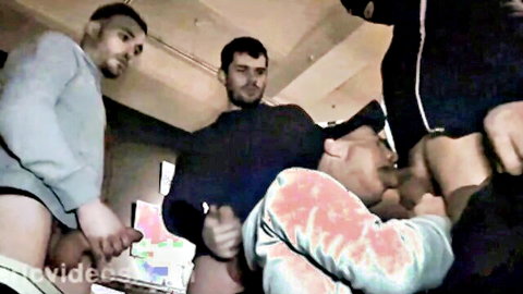 Rough group of hooded men groping exposed bare asses in locker room
