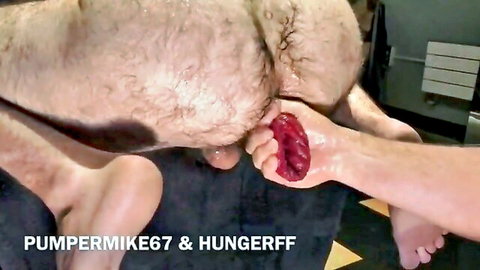 Hairy man fists his gaping ass pulling out prolapsed red rosebud